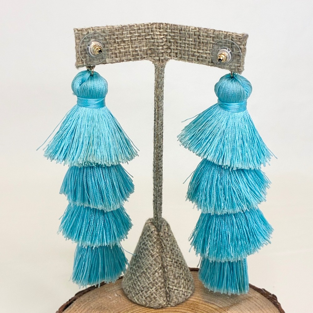 BaubleBar Tassel Earrings Tiered Fringe Turquoise Blue Abalone Shell Statement - Picture 11 of 14